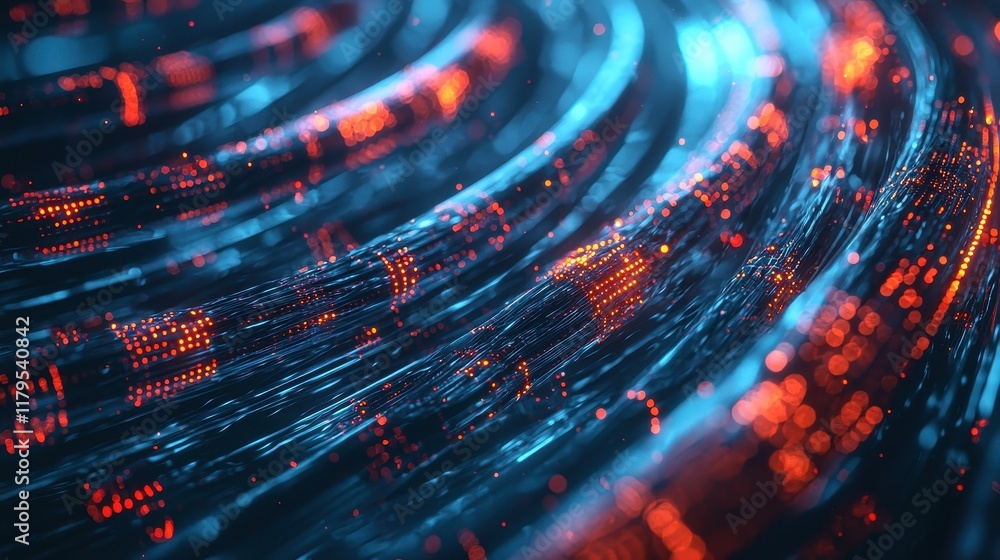 Poster abstract digital waves of light with red and blue particles creating a futuristic background in 3d f