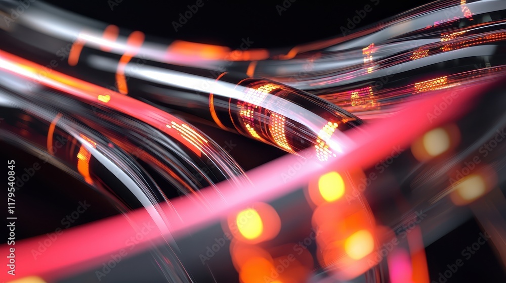 Aufkleber abstract flow of light trails in red and orange with smooth glassy curves and dark background for mo