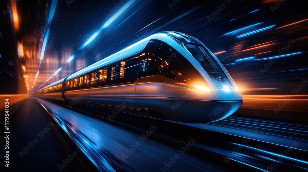 Poster dynamic train racing through dark tunnel at night with illuminated headlights creating a sense of sp