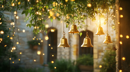 Golden wedding bells hanging amidst twinkling lights create magical atmosphere