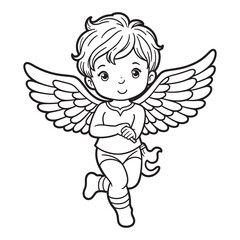 angel child character in retro style, hand-drawn line art, black vector