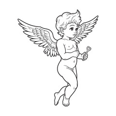 angel child character in retro style, hand-drawn line art, black vector
