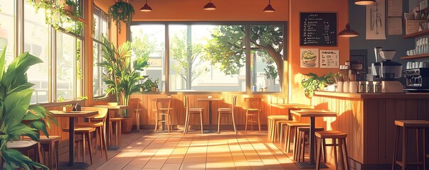 Anime illustration of a tranquil cafe, wooden furniture, warm orange hues, relaxed atmosphere, perfect for chill stream overlays