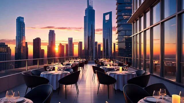 Rooftop dining area with elegant tables, city skyline views, and a beautiful sunset creating a luxurious atmosphere

