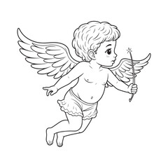 angel child character in retro style, hand-drawn line art, black vector