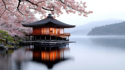 Naklejka premium Tranquil Springtime Scene with Traditional Pavilion Surrounded by Cherry Blossoms and Water