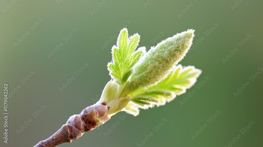 Aufkleber close-up of fresh green buds emerging from a branch with soft leaves against a blurred background in