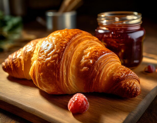 Freshly baked croissant with jar of raspberry jam