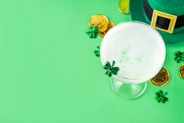 Patrick day alcohol bar drinks menu, party invitation, gold green cocktail garnished with shamrock,...