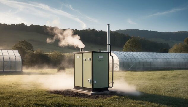 Small geothermal heating system in a rural farmstead, powering greenhouses year round, sustainable living