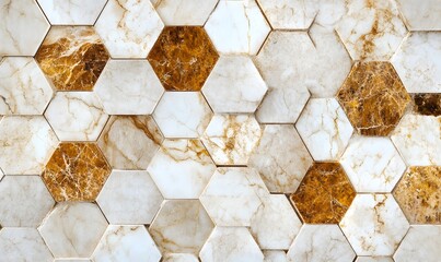 Fototapeta premium Honeycomb pattern of beige and brown marble hexagon tiles.