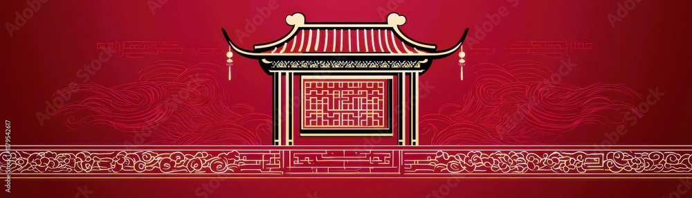 Poster elegant traditional asian architecture design with red background and intricate golden patterns for 