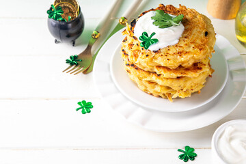 Vegetarian comfort food, potato pancakes. Traditional european vegetable dish, potato fritters,...
