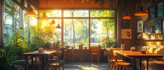 Charming anime cafe scene, rustic wooden tables, hanging lights, soft orange tones, serene vibe, loop background for streaming