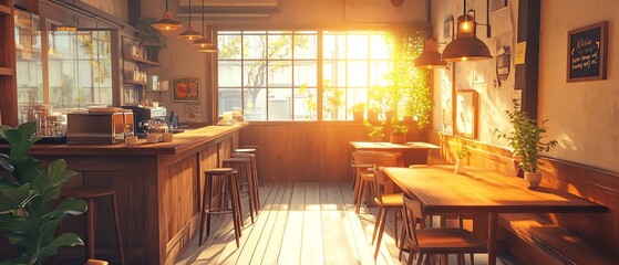 Charming anime cafe scene, rustic wooden tables, hanging lights, soft orange tones, serene vibe, loop background for streaming