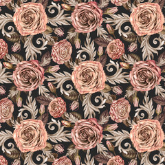 Seamless pattern with pink roses. Floral background in mocha mousse color. Botanical vintage template for wedding, Valentine's Day, textile, bed linen, tablecloth, wrapping paper, gift, tableware