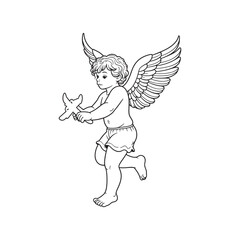 Fototapeta premium angel child character in retro style, hand-drawn line art, black vector