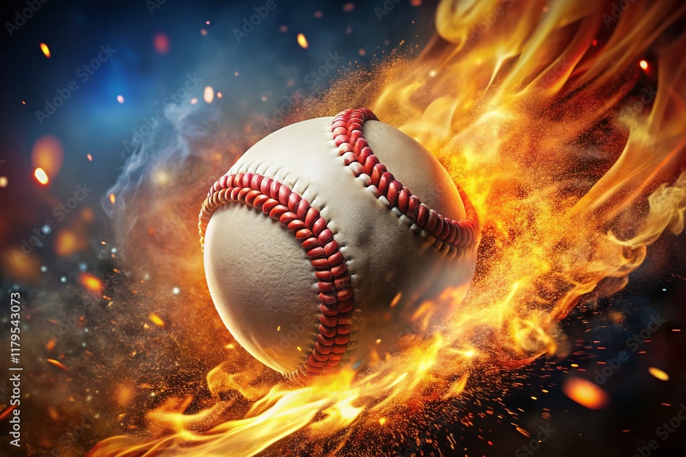Poster exploding baseball fireball with bokeh background - dynamic sports action stock photo