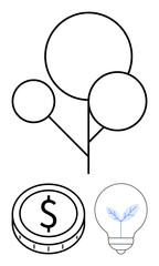 Line art representation of trees, a dollar coin, and a lightbulb with a leaf. Ideal for sustainability, eco-business, green energy, environmental conservation, investment growth, innovation abstract