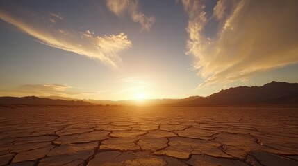 A vast, cracked desert landscape at sunset, with a warm, golden sun setting behind mountainous silhouettes.