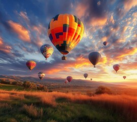 Naklejka premium Breathtaking View of World Hot Air Balloon Race at Sunrise. Colorful Balloons Drift Above Expansive Field
