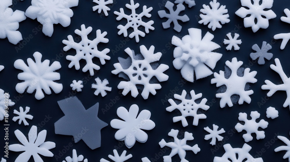 Poster a close-up view of various snowflake shapes and designs on a dark surface