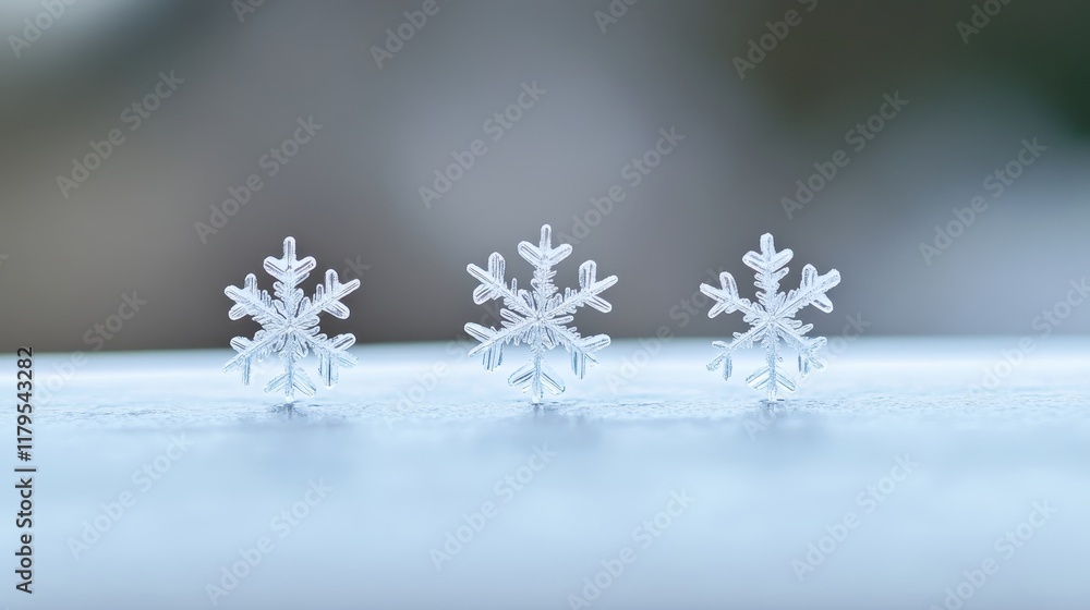 Poster delicate snowflakes on a frosty surface with soft focus background and natural light displaying wint