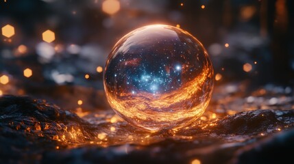 Cosmic Orb Celestial Sphere, Galaxy Reflection, Fiery Rocks