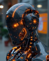 Futuristic Robot Head Glowing Orange Detailed Design