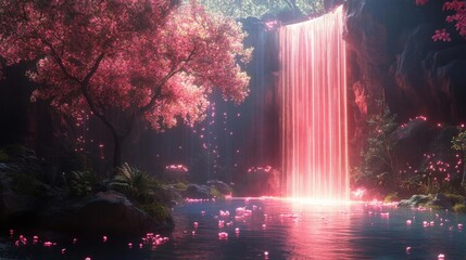Serene Pink Waterfall in a Magical Forest. Generative AI