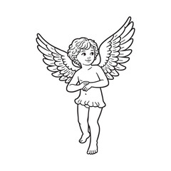 angel child character in retro style, hand-drawn line art, black vector