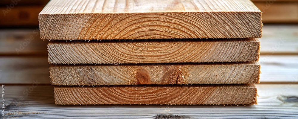 Aufkleber stack of wood planks showing growth rings in workshop