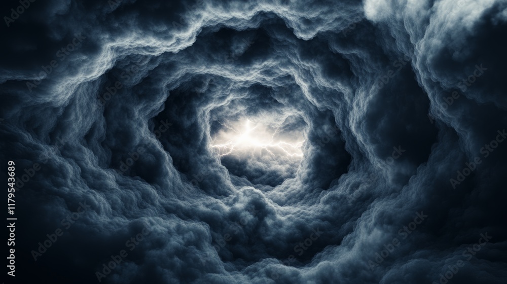 Poster dramatic swirling storm clouds creating a vortex with bright light and lightning breaking through, s