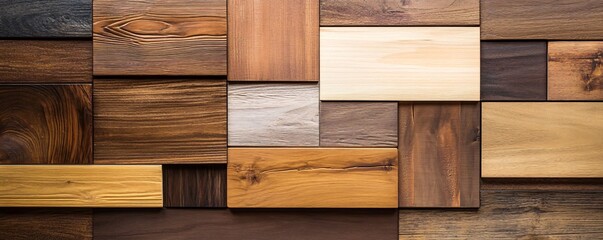 Wooden wall showing variety of wood planks creating abstract geometric pattern