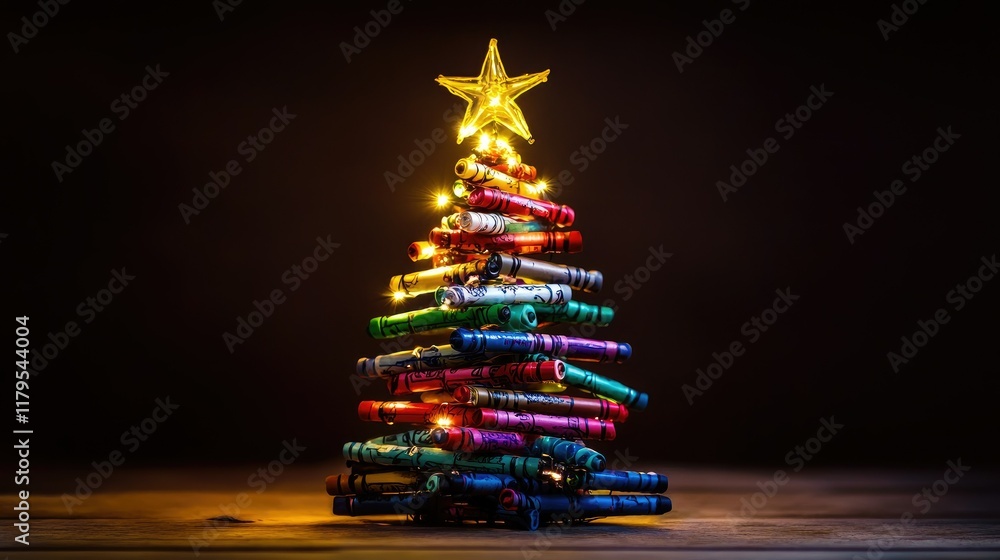 Poster unique christmas tree built with crayons, adorned with twinkling string lights and a golden star.