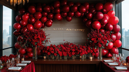 Elegant red balloon arch and floral arrangement in luxurious city setting. The 14th of February. Happy Valentine's Day
