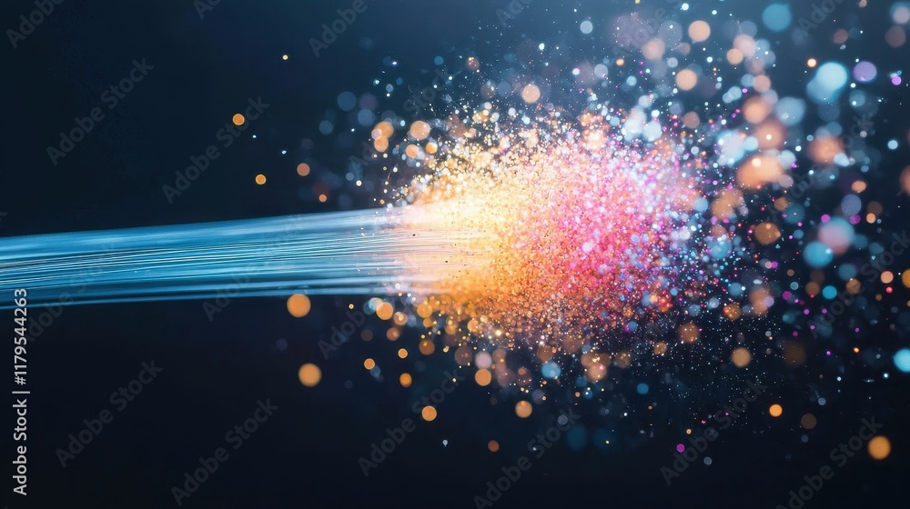 Poster vibrant abstract burst of colors with light trails and bokeh effect against dark background