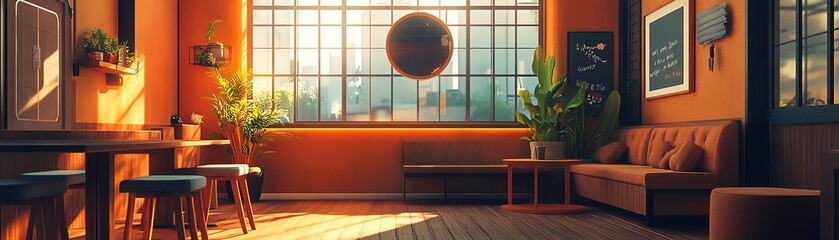 Peaceful anime cafe interior, glowing orange light, cozy wooden design, tranquil environment, perfect chill stream loop background