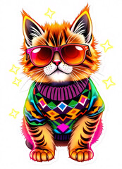 Maine Coon Kitten in Retro 80s Fashion with Magical Neon Aura and Sparkles