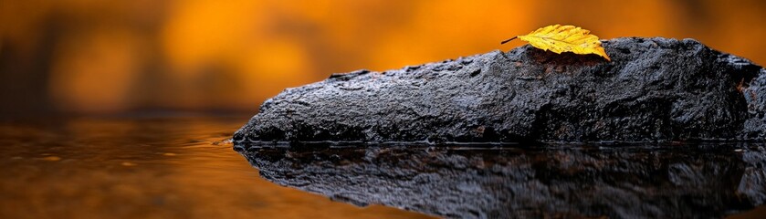 Autumnal Tranquility: A wet dog rests peacefully by the water, a single yellow leaf adorning its fur, reflecting in the still water against a warm autumnal backdrop. 