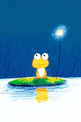 Fototapeta premium Charming Hand-Drawn Illustration: Frog Admirably Gazing at Nightly Sparkler. AI Generated