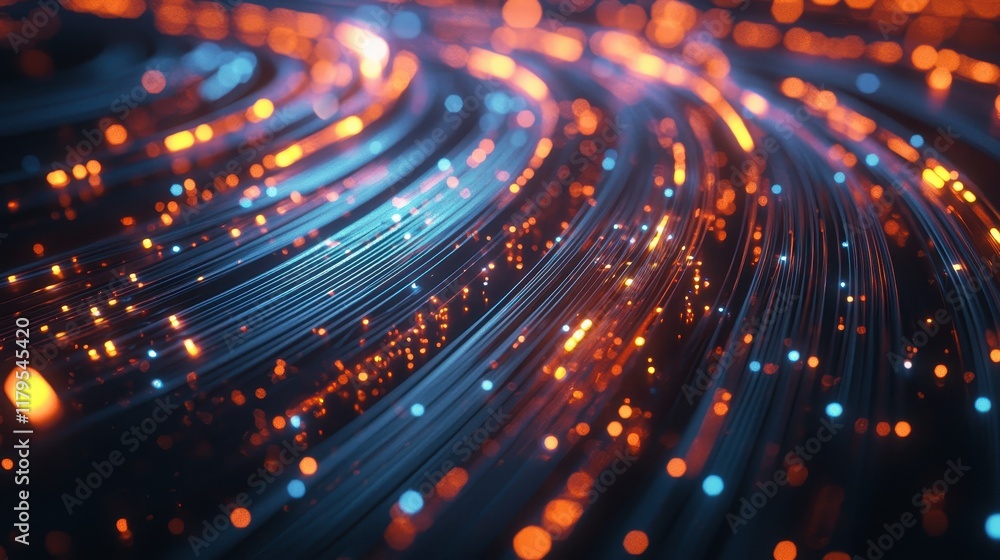 Poster abstract depiction of glowing lines and particles flowing along a dynamic path with vibrant colors i