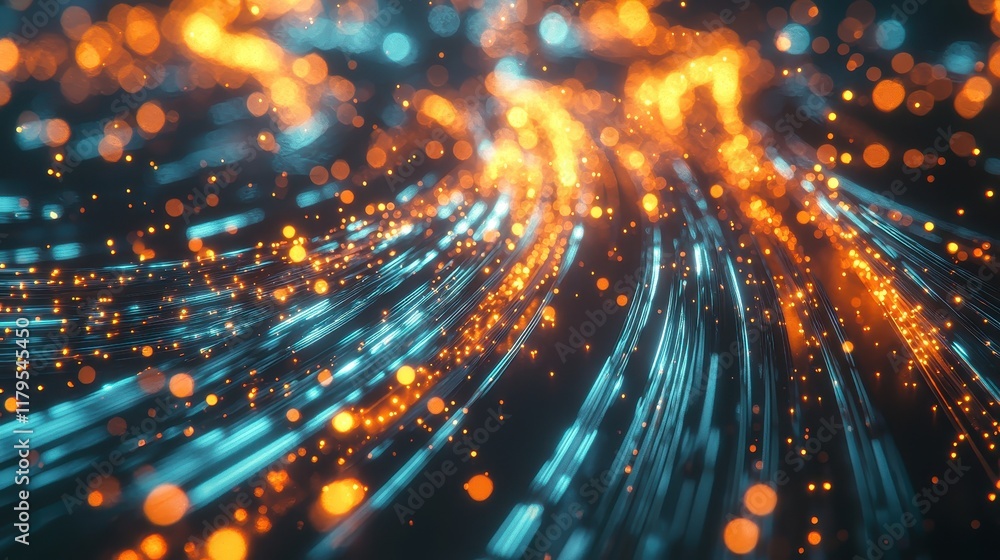 Poster abstract light and particle flow in vibrant colors of blue and orange, dynamic digital background fo