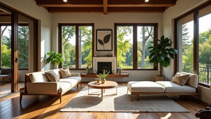 Obraz premium Cozy living room with tall windows framing lush greenery, bathing the space in warm natural light