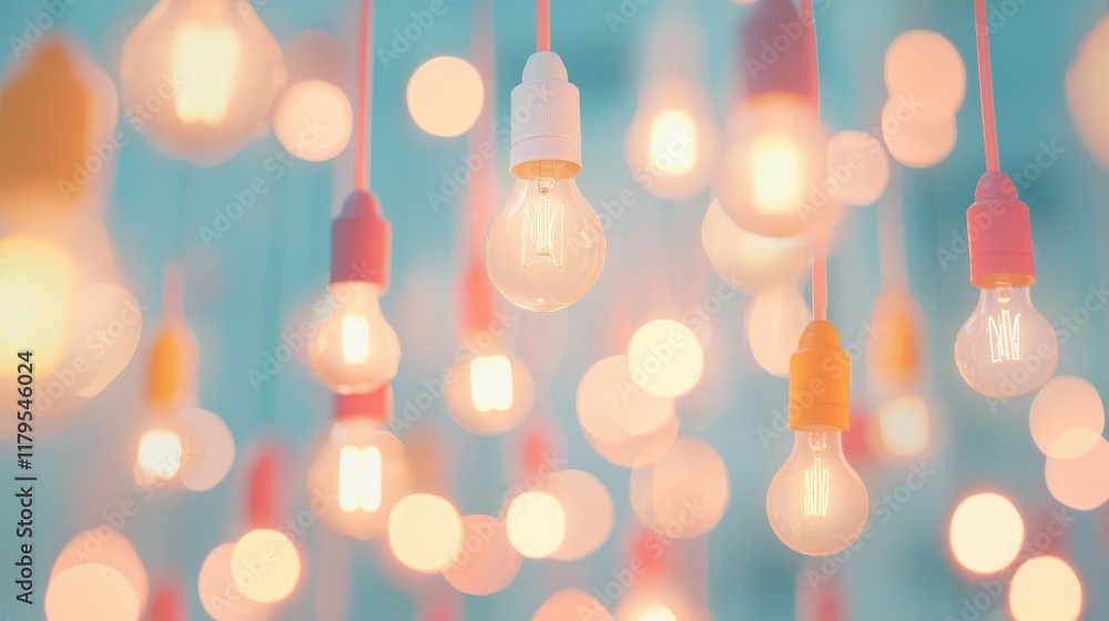 Poster colorful hanging light bulbs creating a dreamy atmosphere with soft bokeh background