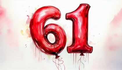 Red birthday / anniversary balloon, number 61, watercolor painting with white background