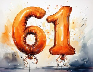Orange birthday / anniversary balloon, number 61, watercolor painting with white background