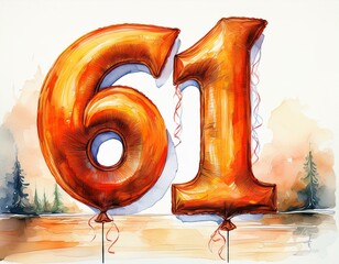 Orange birthday / anniversary balloon, number 61, watercolor painting with white background