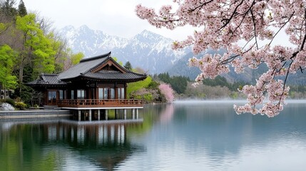 Elegant Lakeside Composition in Chinese Style with Cherry Blossoms and Mountains