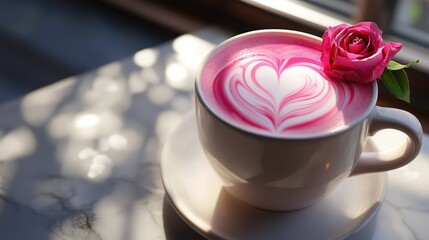 Warm pink latte with creamy heart art, edible rose topping, minimalistic cafe scene with bright sunlight